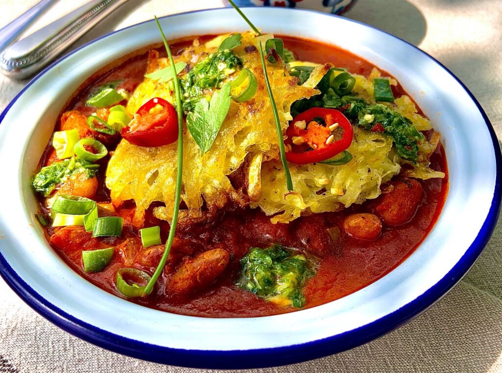 Spicy Breakfast Beans with Potato Rosti and a Garlic & Herb Oil